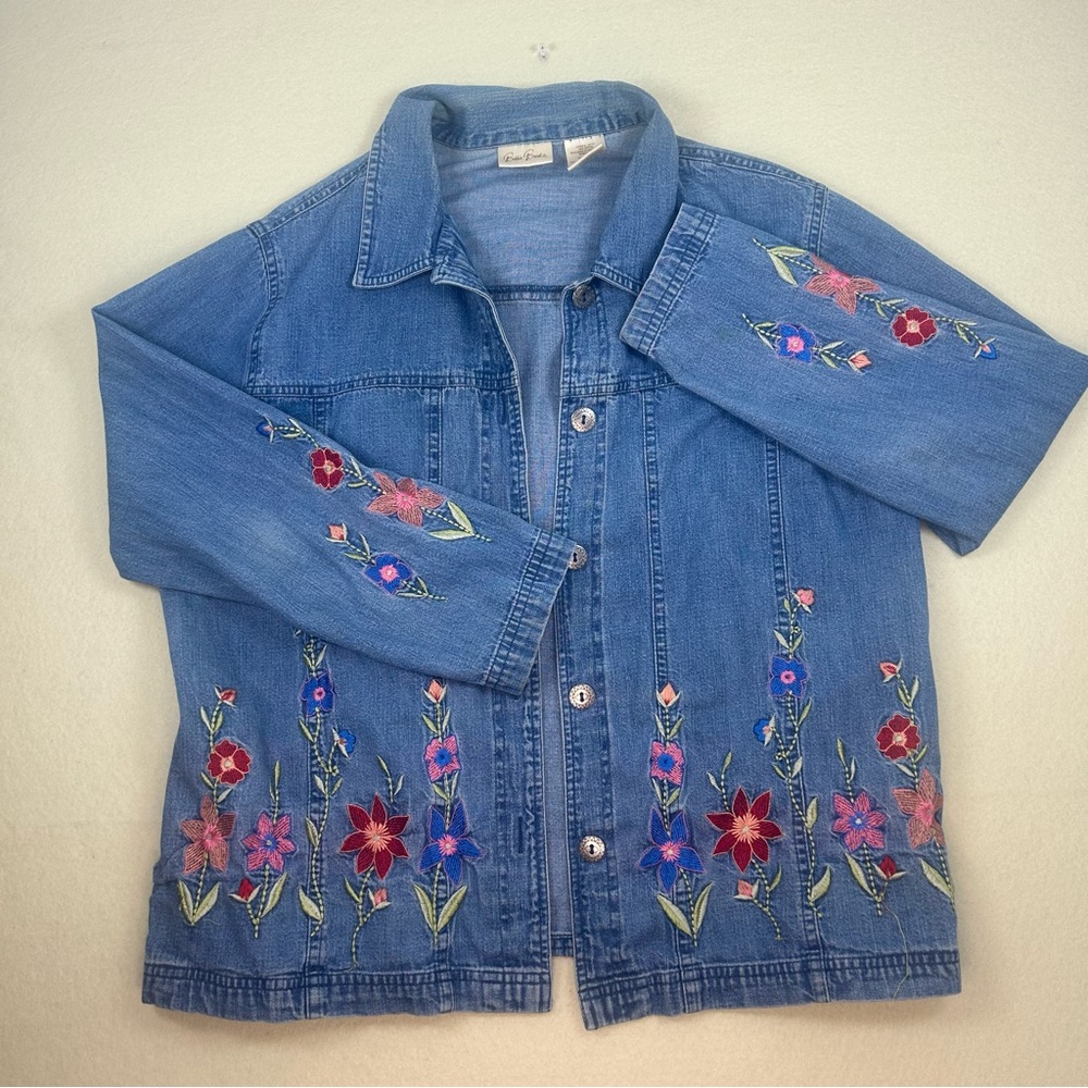 Embroidered Denim Jacket Vintage Bobby Brooks FLORAL Design Blue Jean Denim